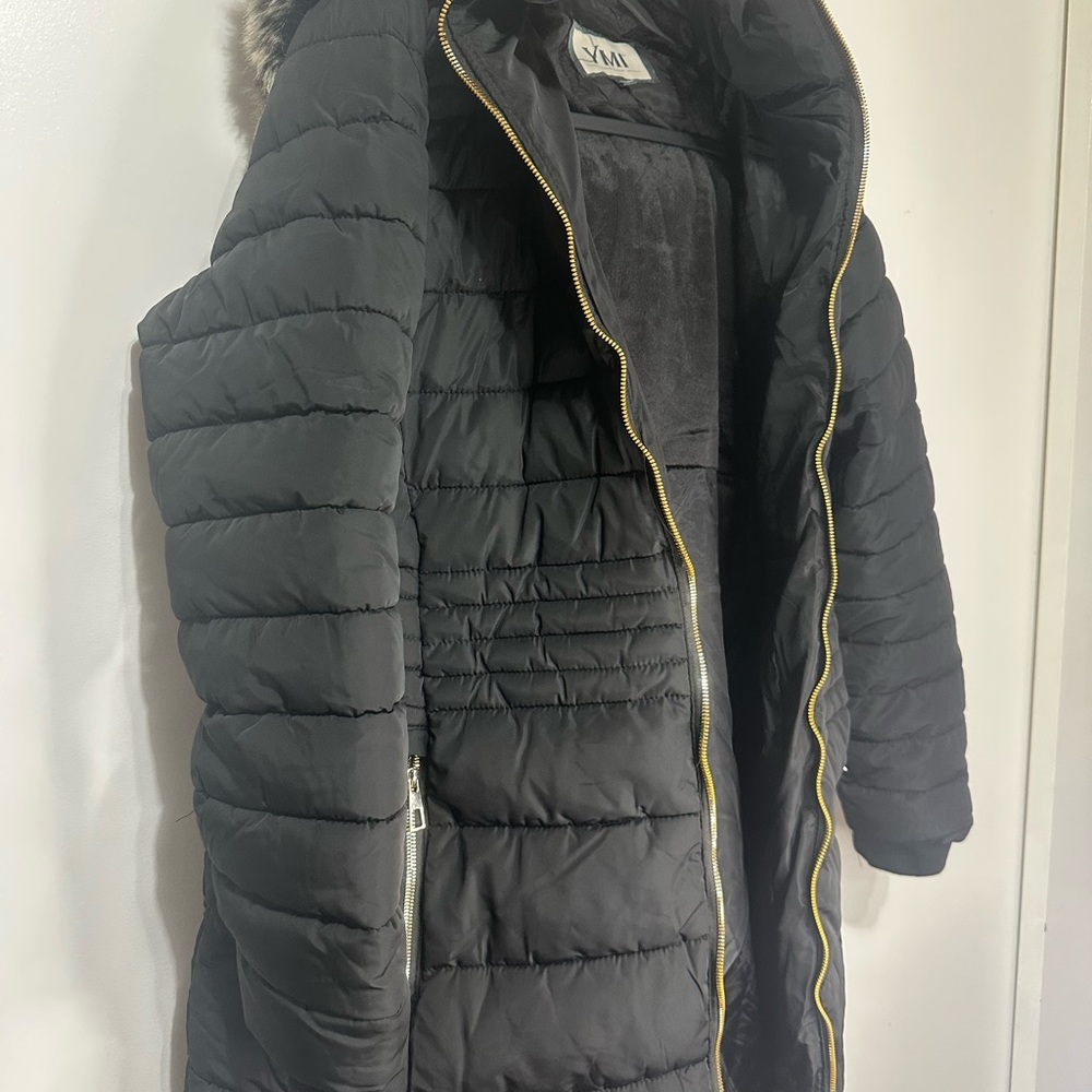 YMI Black Quilted Jacket with Fur Hood